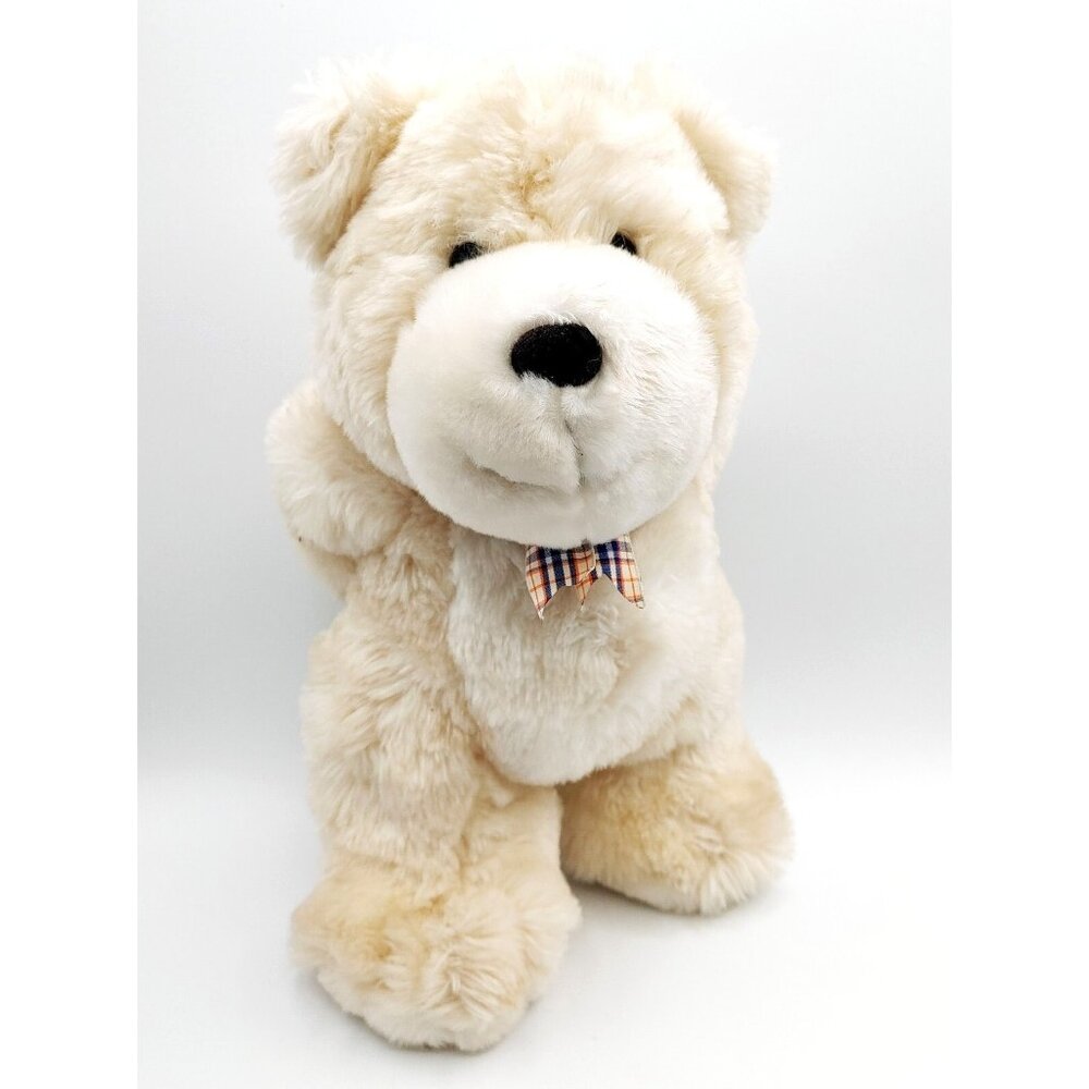 Zellers Beige Teddy Bear Plush w/Plaid Bow Standing w/Hands behind Back 14"